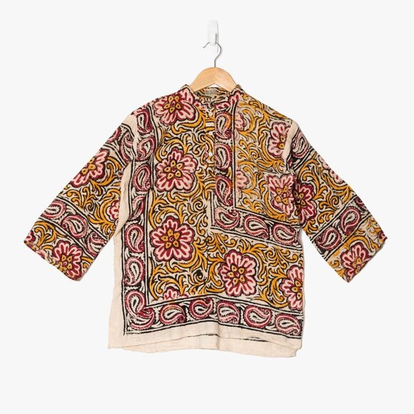Vintage 70s Indian Cotton Women's Medium 3/4 Sleeve Handmade Shirt - Picture 1 of 8